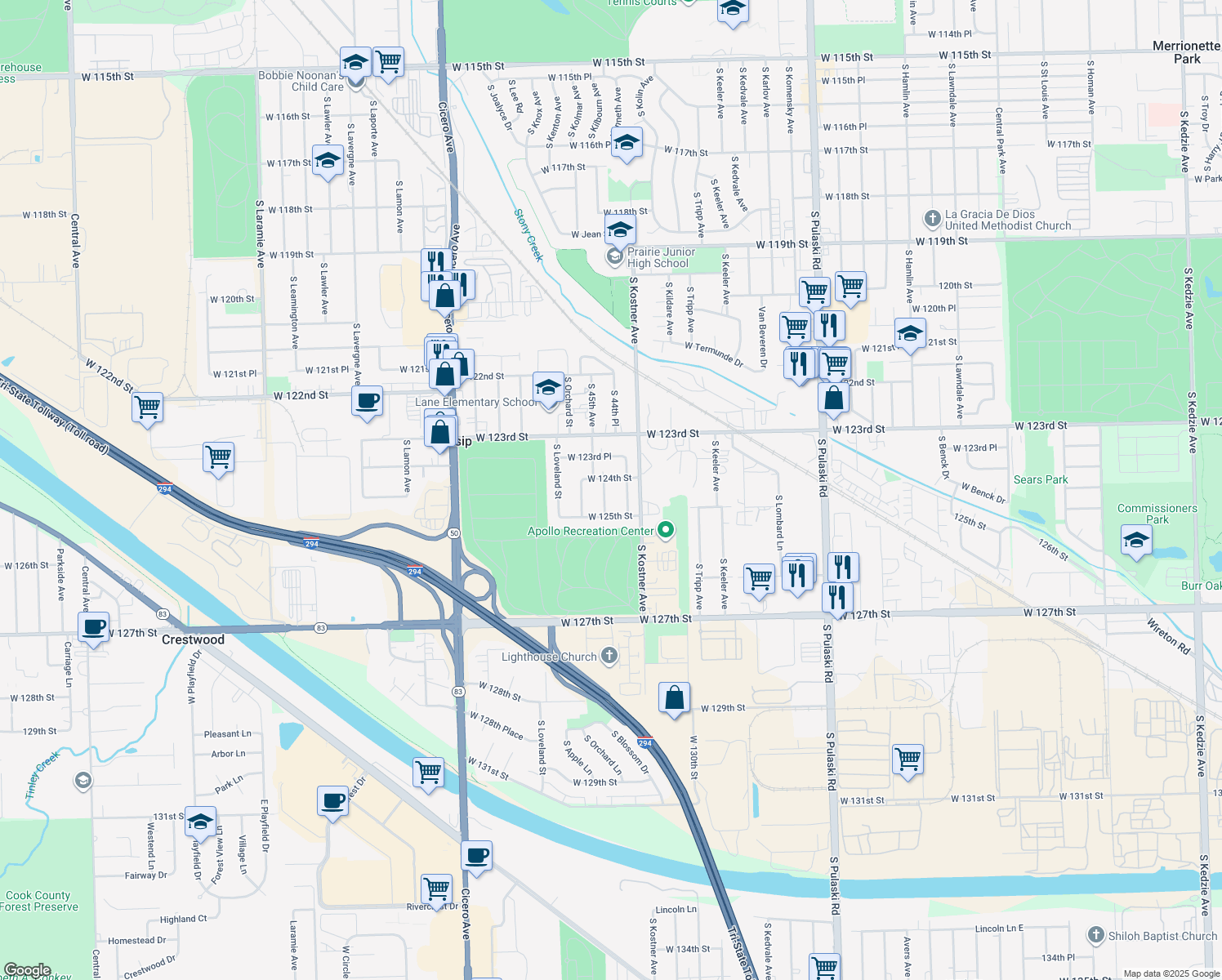 map of restaurants, bars, coffee shops, grocery stores, and more near 12409 S 45th Ave in Alsip