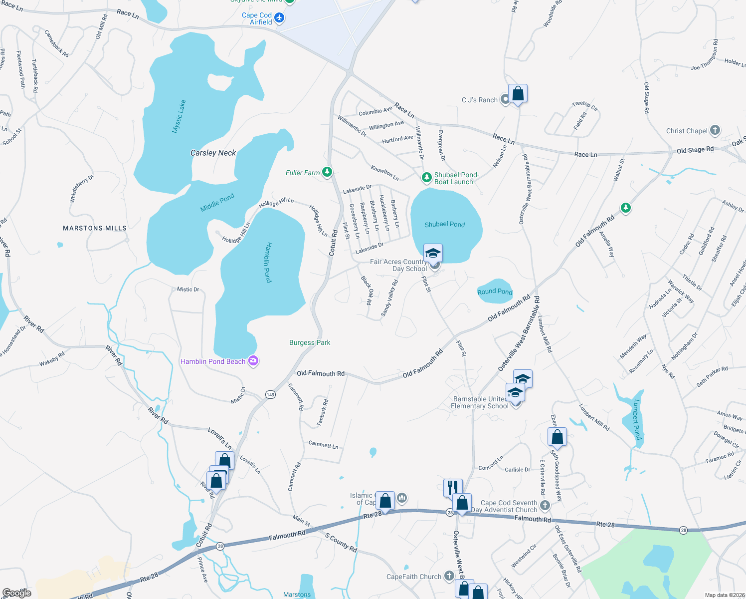 map of restaurants, bars, coffee shops, grocery stores, and more near 5 Conaumet Road in Barnstable