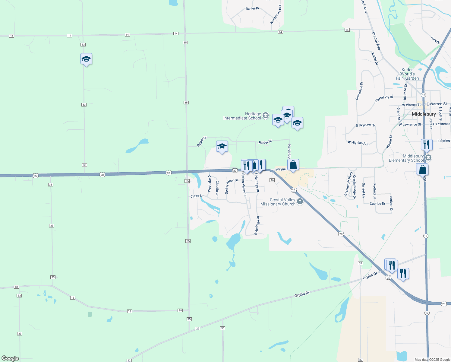 map of restaurants, bars, coffee shops, grocery stores, and more near 601 Spring Arbor Drive in Middlebury