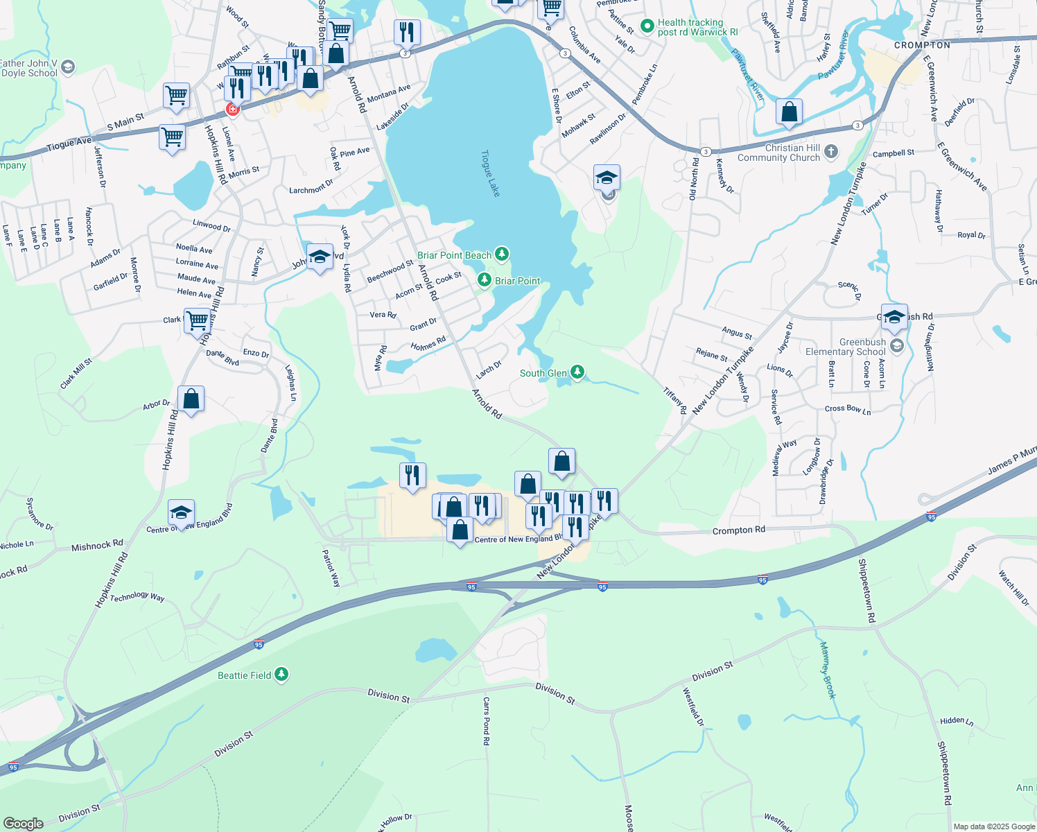 map of restaurants, bars, coffee shops, grocery stores, and more near 450 Arnold Rd in Coventry
