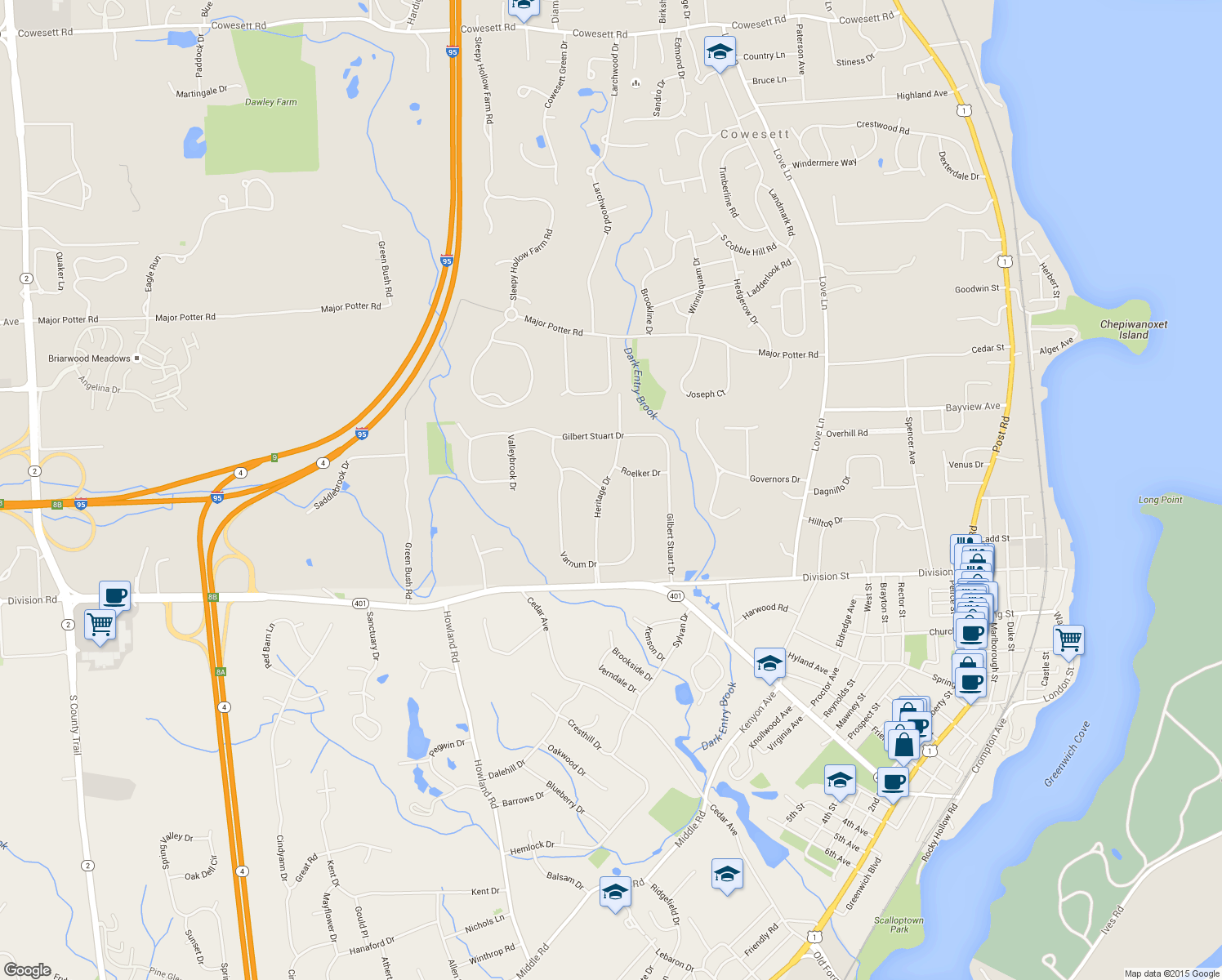 map of restaurants, bars, coffee shops, grocery stores, and more near 70 Heritage Drive in East Greenwich