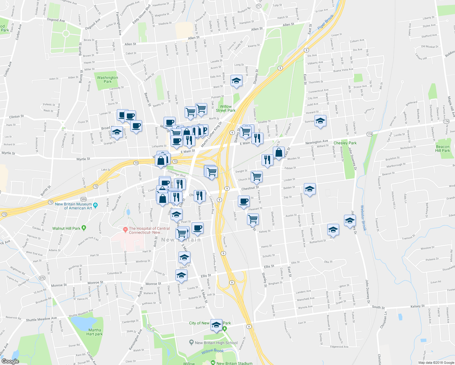 map of restaurants, bars, coffee shops, grocery stores, and more near Highway 9 in New Britain