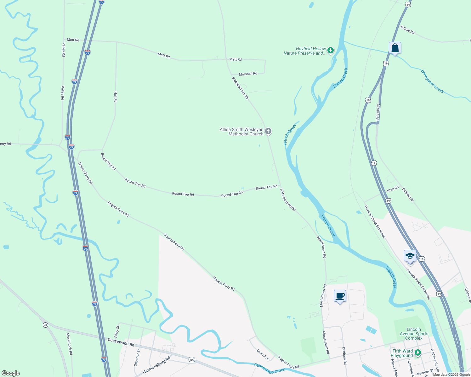 map of restaurants, bars, coffee shops, grocery stores, and more near 17210-17564 Round Top Road in Meadville