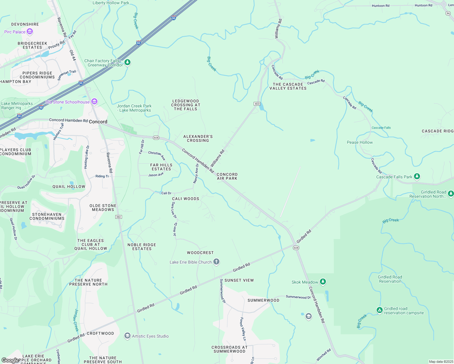 map of restaurants, bars, coffee shops, grocery stores, and more near 12081 Ohio 608 in Painesville