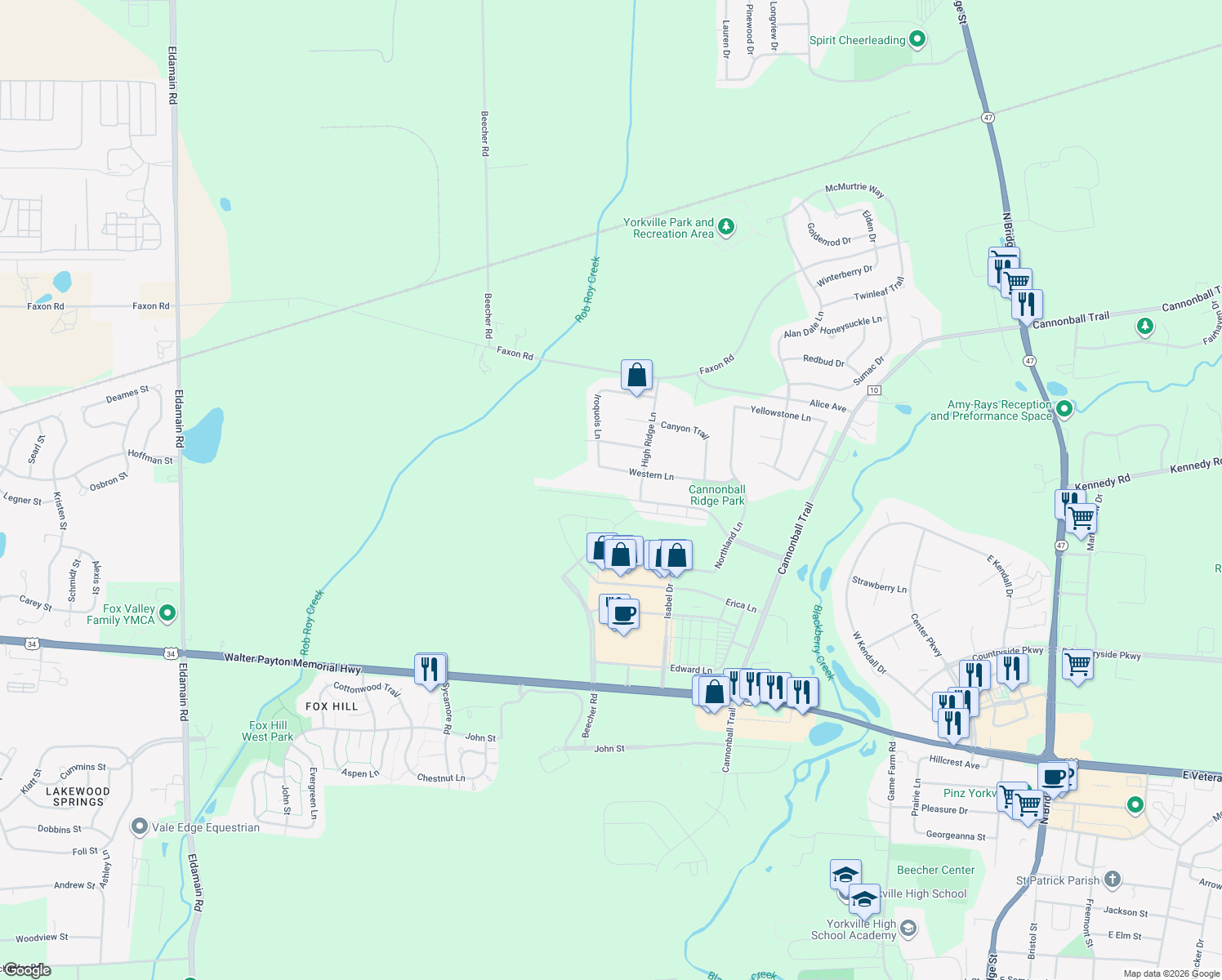 map of restaurants, bars, coffee shops, grocery stores, and more near 1041 Blackberry Shore Lane in Yorkville