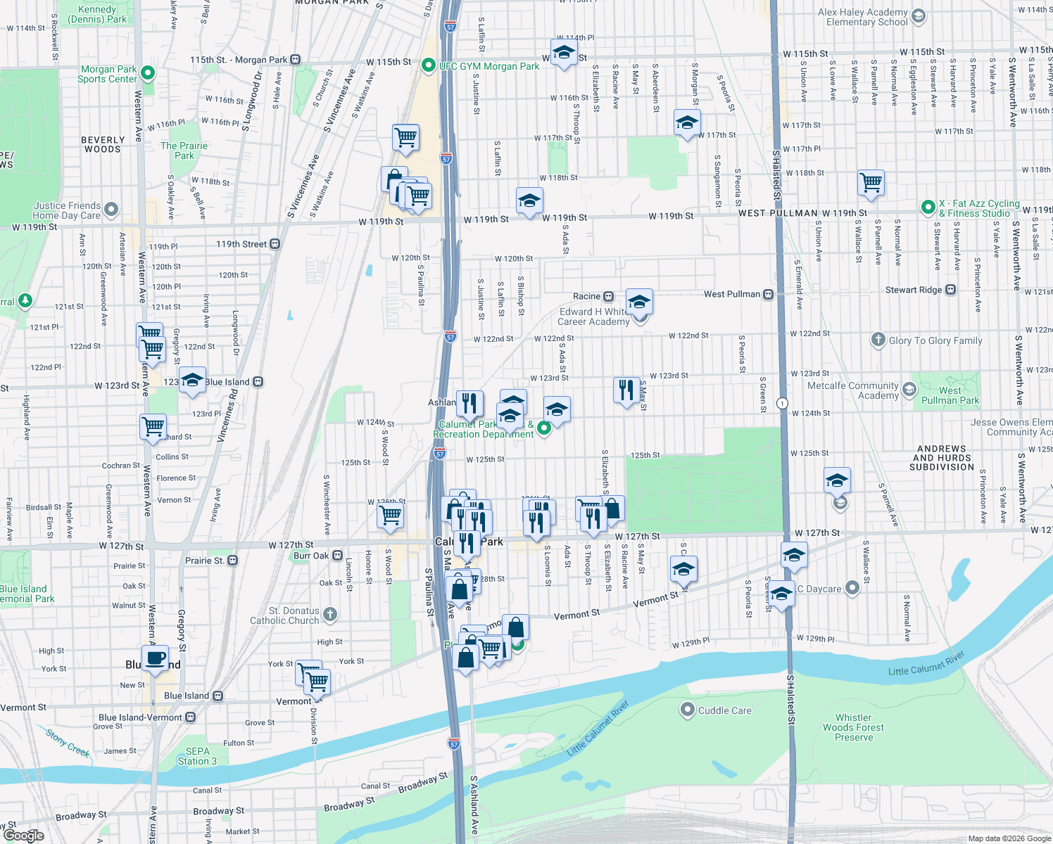 map of restaurants, bars, coffee shops, grocery stores, and more near 12401 Bishop Street in Calumet Park