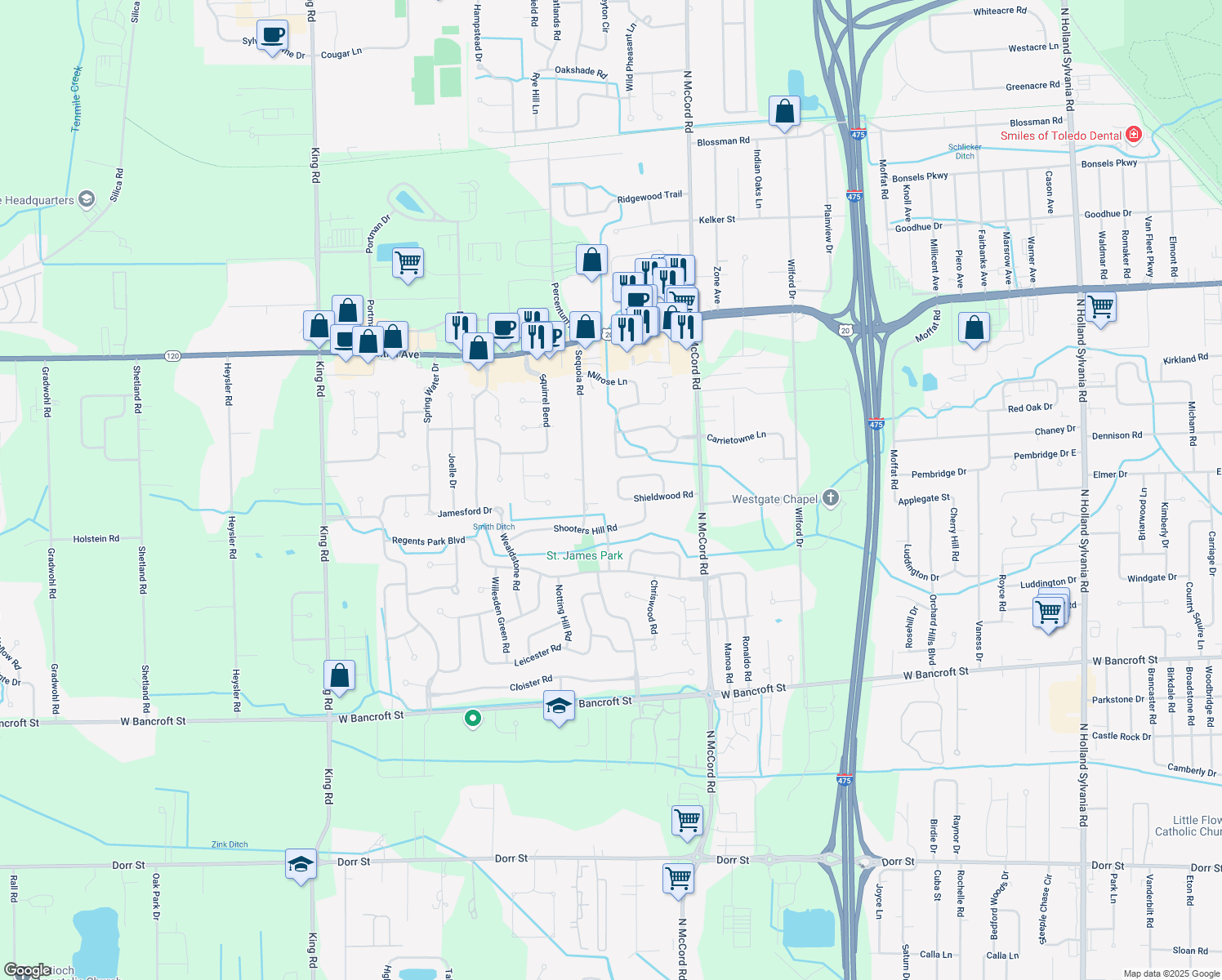 map of restaurants, bars, coffee shops, grocery stores, and more near 2633 Kristi Lynne Ln in Toledo
