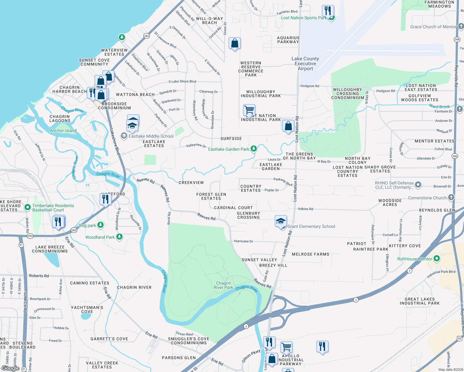 map of restaurants, bars, coffee shops, grocery stores, and more near 2580 Ash Rd in Willoughby