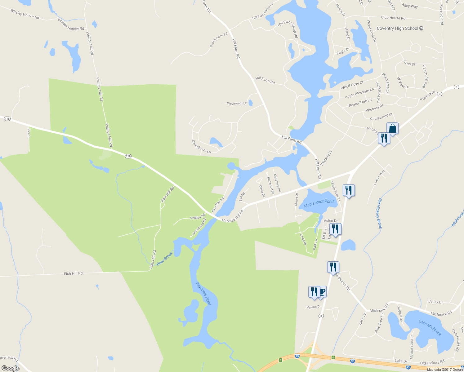 map of restaurants, bars, coffee shops, grocery stores, and more near 28 Pine Tree Road in Coventry