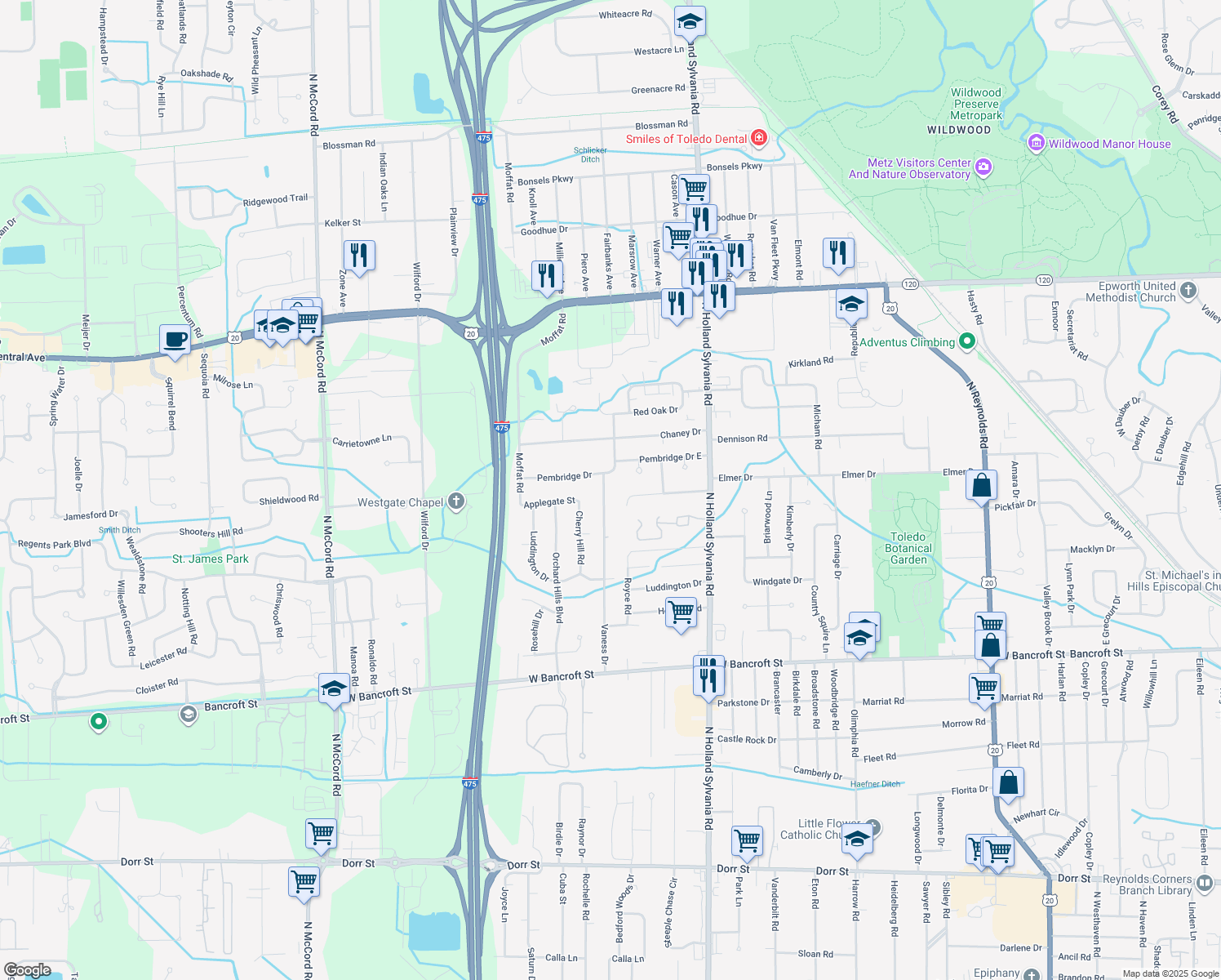 map of restaurants, bars, coffee shops, grocery stores, and more near 2552 Vaness Drive in Toledo