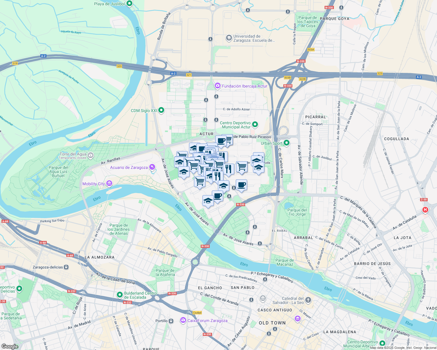 map of restaurants, bars, coffee shops, grocery stores, and more near 31 Calle de María Zambrano in Zaragoza