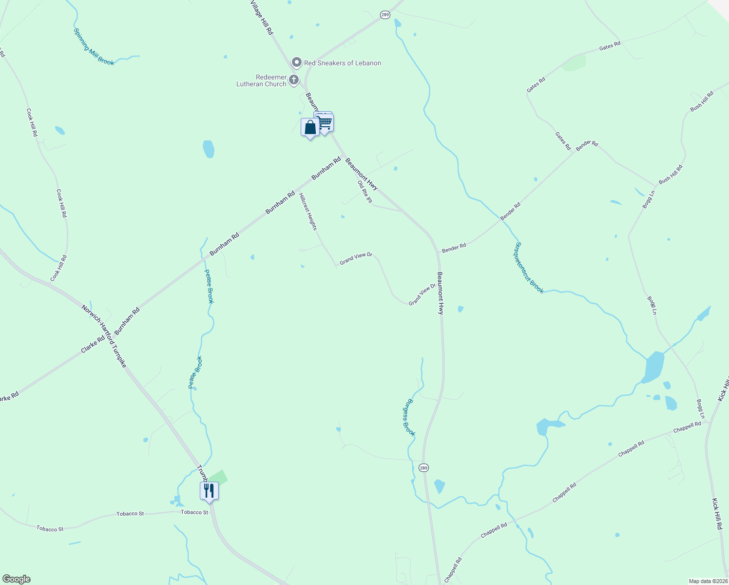 map of restaurants, bars, coffee shops, grocery stores, and more near 24 Grand View Drive in Lebanon