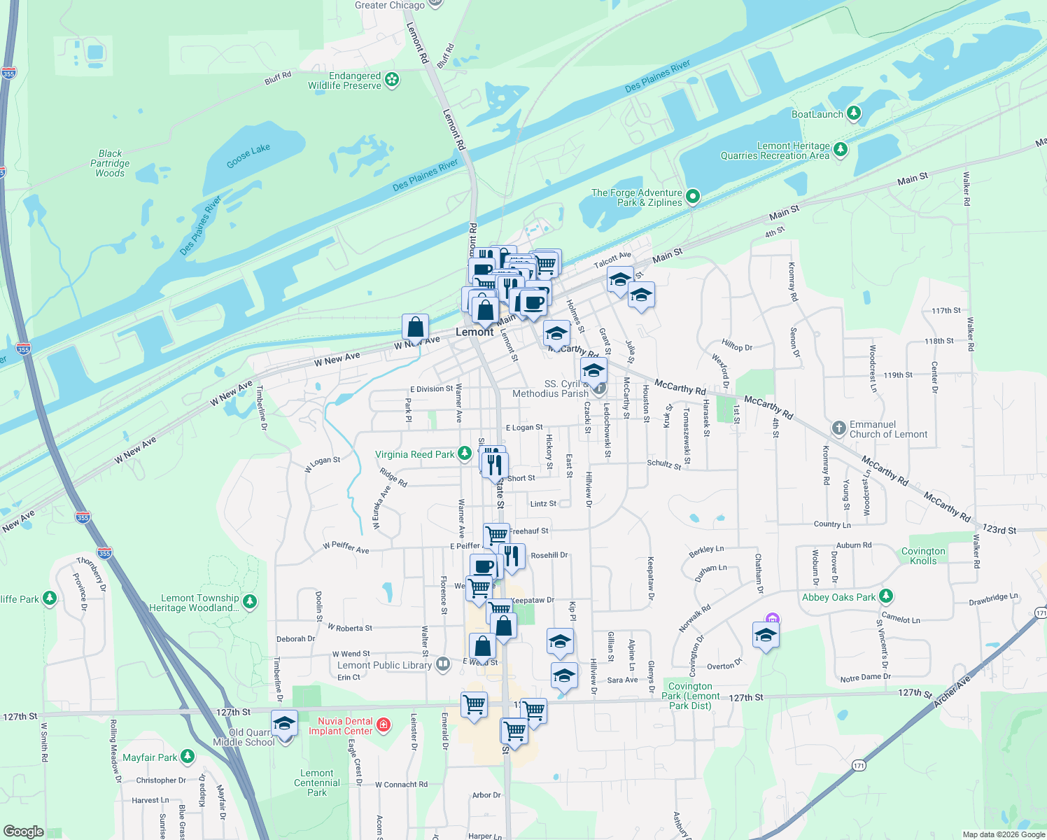 map of restaurants, bars, coffee shops, grocery stores, and more near 607 Walnut Street in Lemont