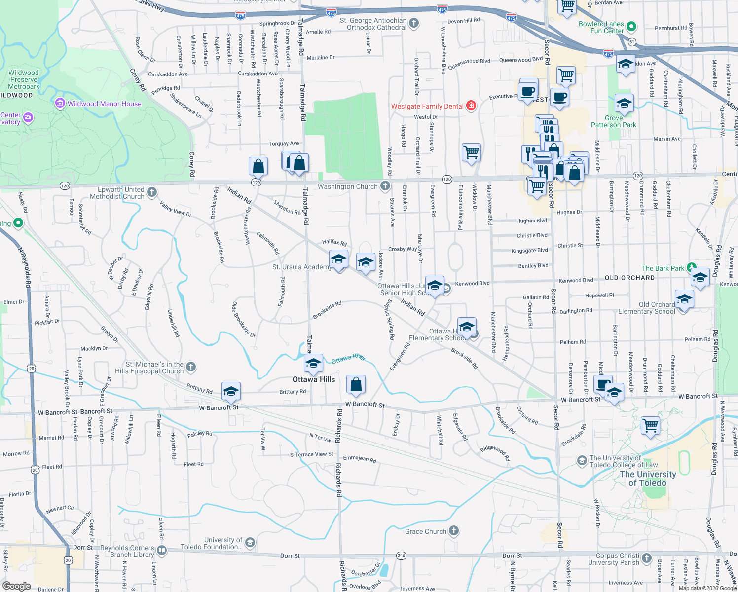 map of restaurants, bars, coffee shops, grocery stores, and more near 4012 Brookside Rd in Toledo