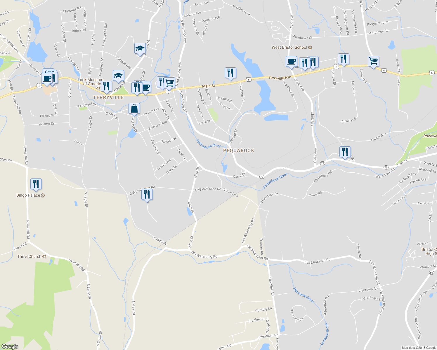 map of restaurants, bars, coffee shops, grocery stores, and more near 65 Canal Street in Plymouth