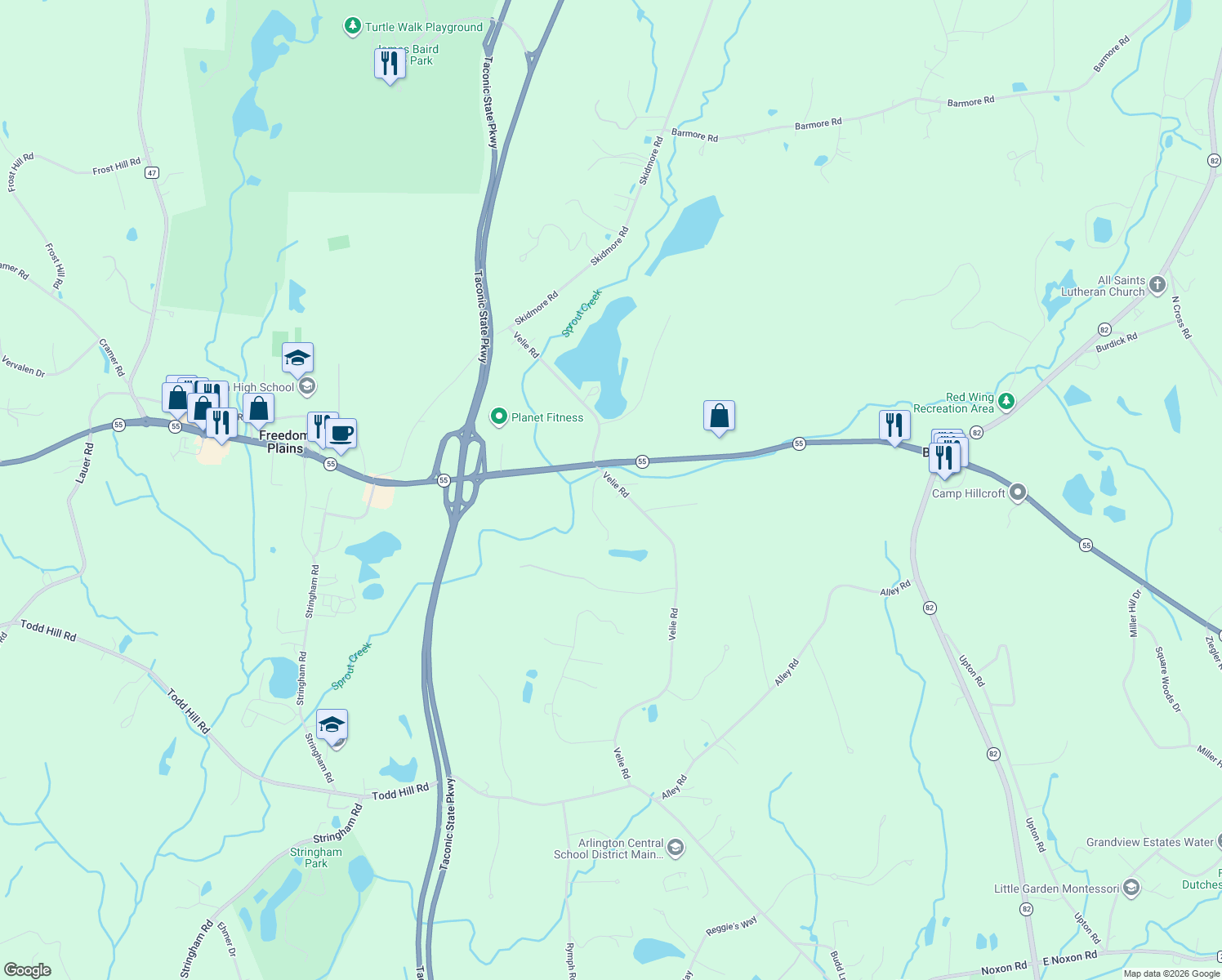 map of restaurants, bars, coffee shops, grocery stores, and more near 93 Velie Road in Lagrangeville