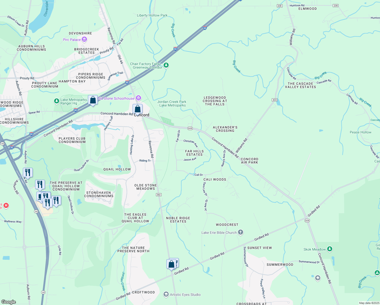 map of restaurants, bars, coffee shops, grocery stores, and more near 11770 Jennifer Court in Painesville