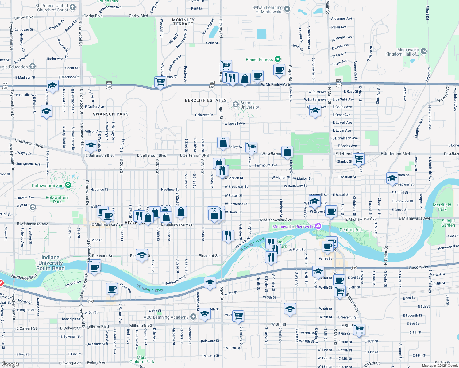 map of restaurants, bars, coffee shops, grocery stores, and more near 1002 West Broadway Street in Mishawaka