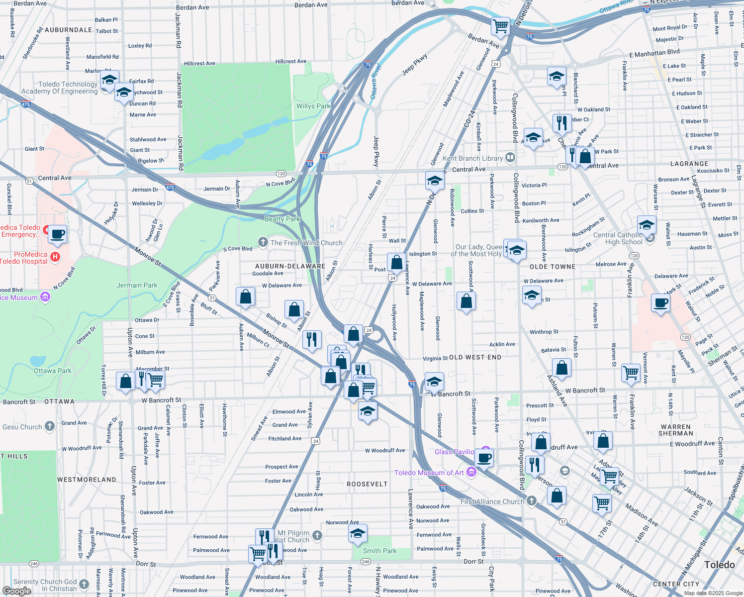 map of restaurants, bars, coffee shops, grocery stores, and more near 2460 Lawton Avenue in Toledo