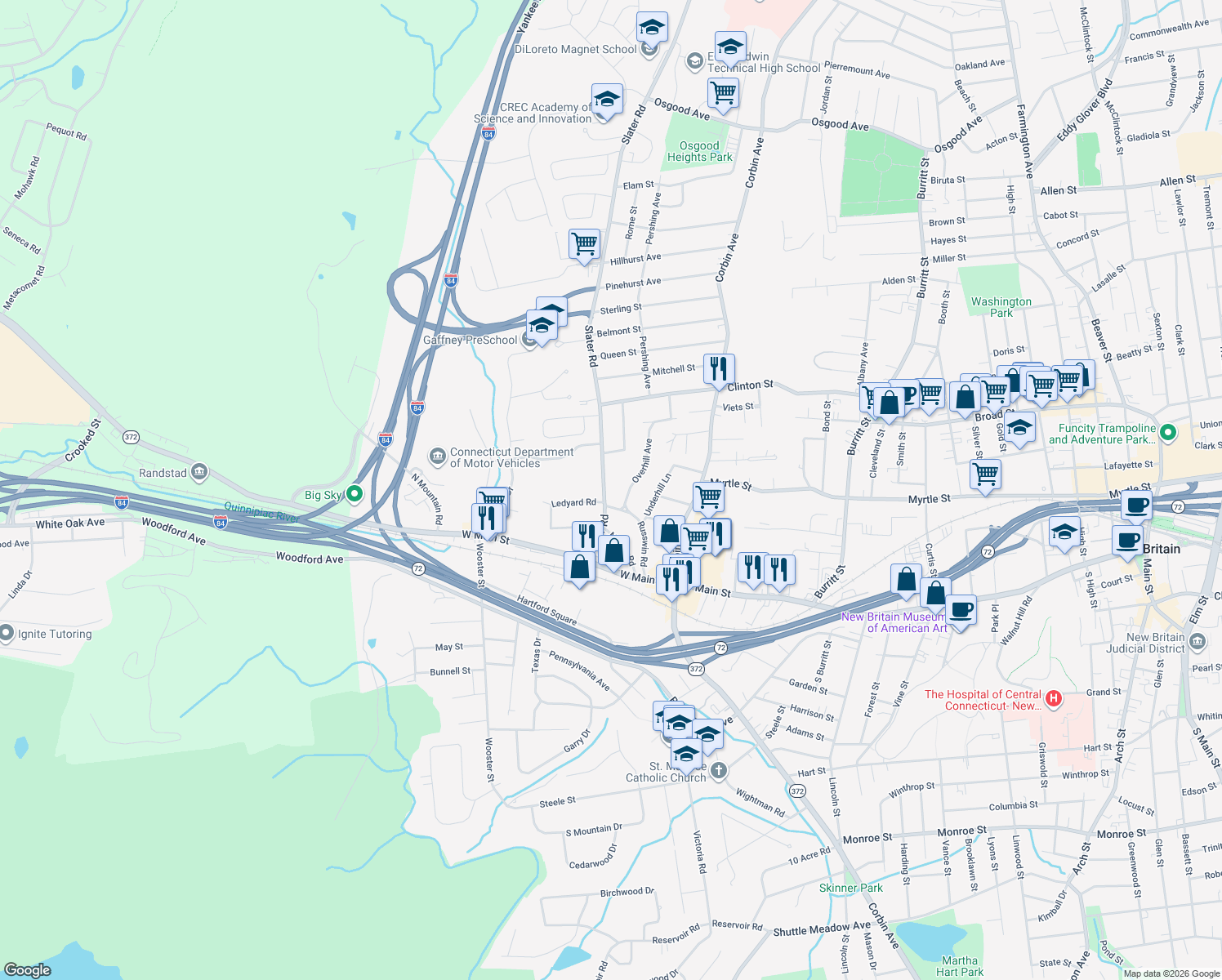 map of restaurants, bars, coffee shops, grocery stores, and more near 105 Slater Rd in New Britain