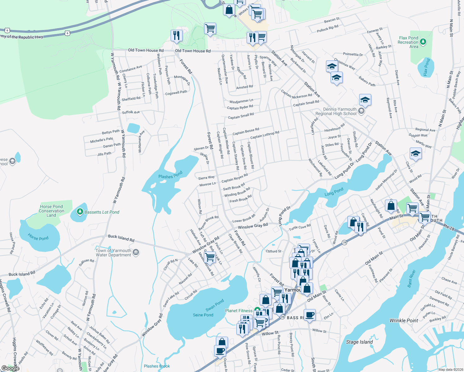 map of restaurants, bars, coffee shops, grocery stores, and more near 22 Swift Brook Road in Yarmouth