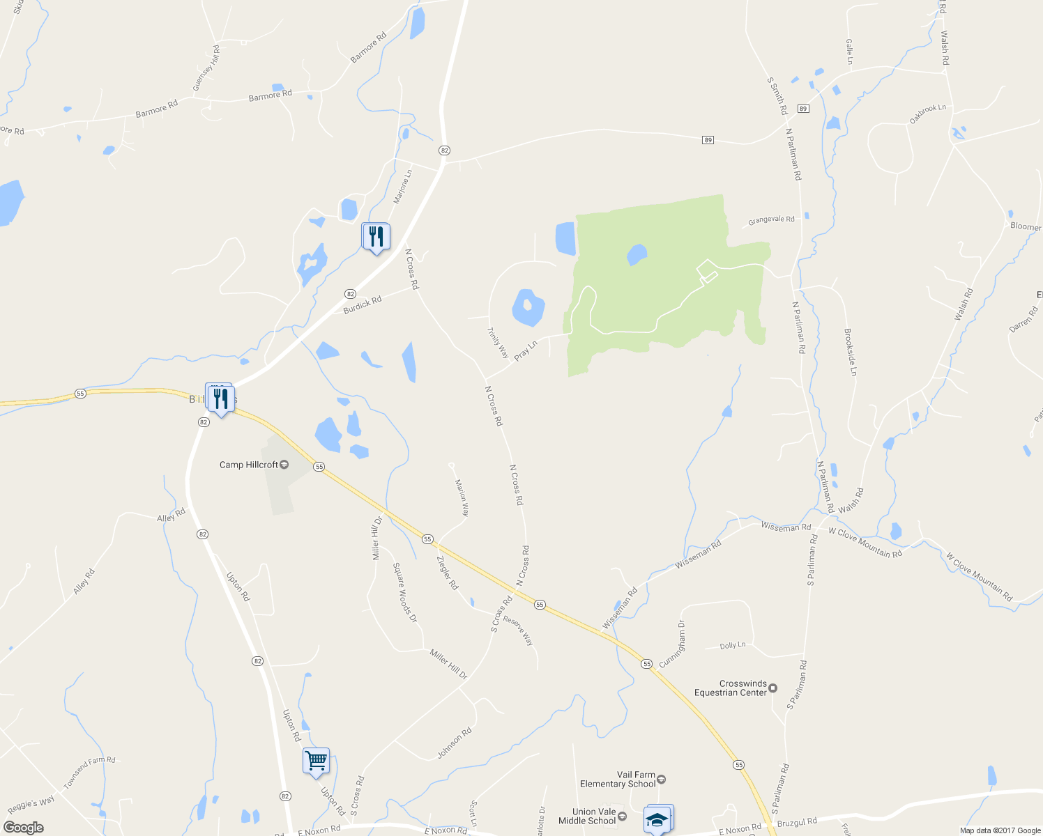 map of restaurants, bars, coffee shops, grocery stores, and more near 100 North Cross Road in Lagrangeville