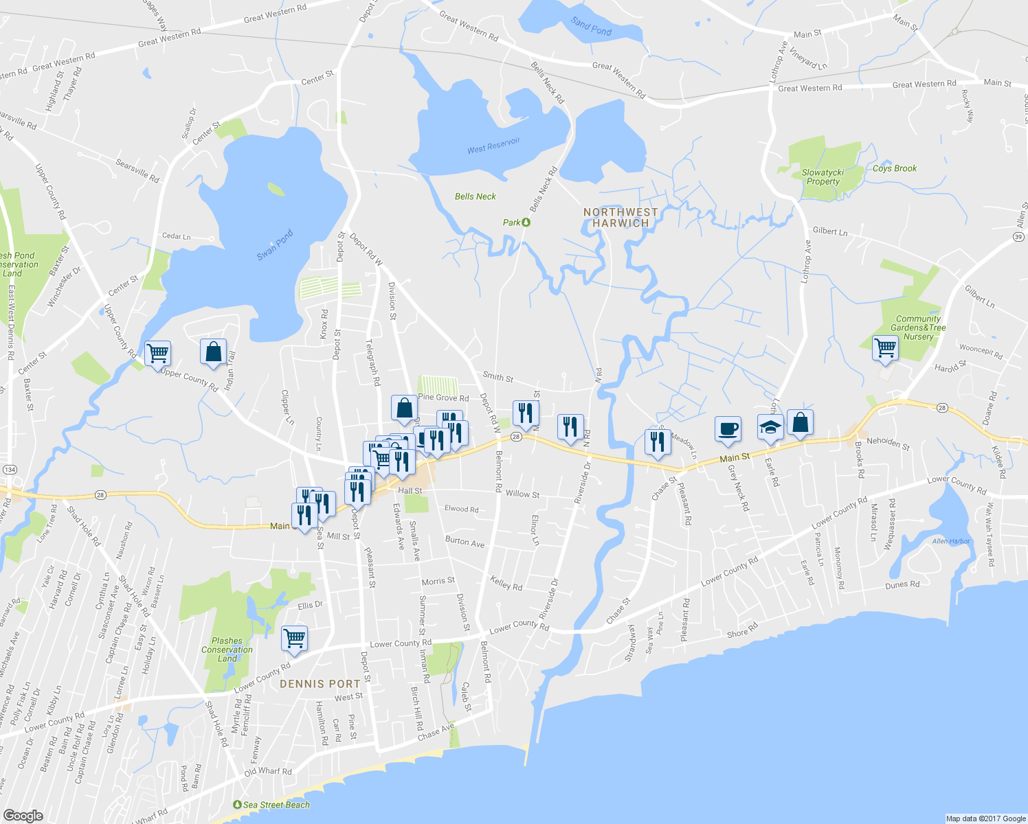 map of restaurants, bars, coffee shops, grocery stores, and more near Pinewood Village in Harwich