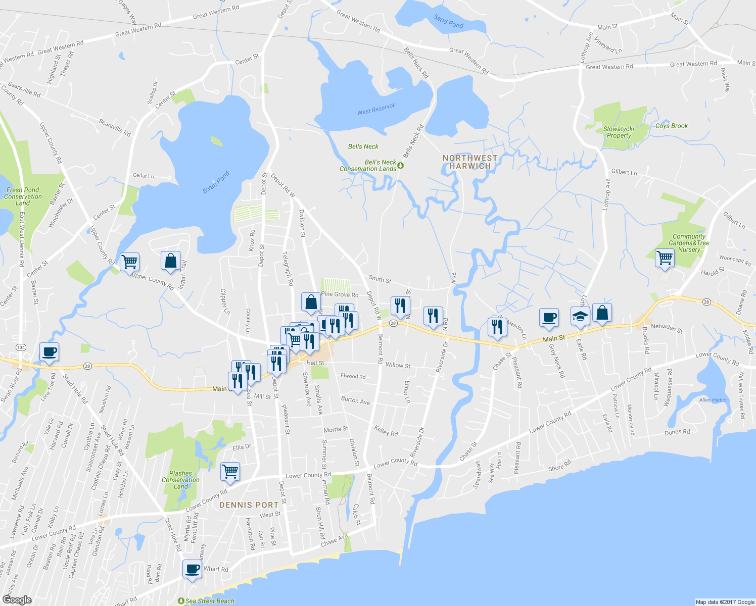 map of restaurants, bars, coffee shops, grocery stores, and more near Pinewood Village in Harwich