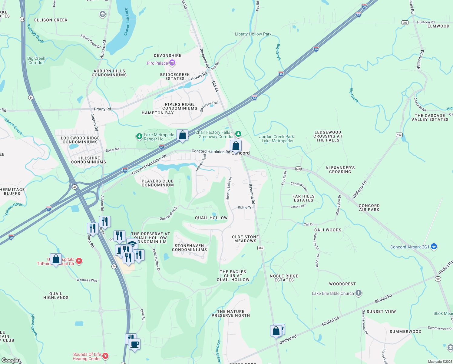map of restaurants, bars, coffee shops, grocery stores, and more near 7306 Hunting Lake Dr in Painesville