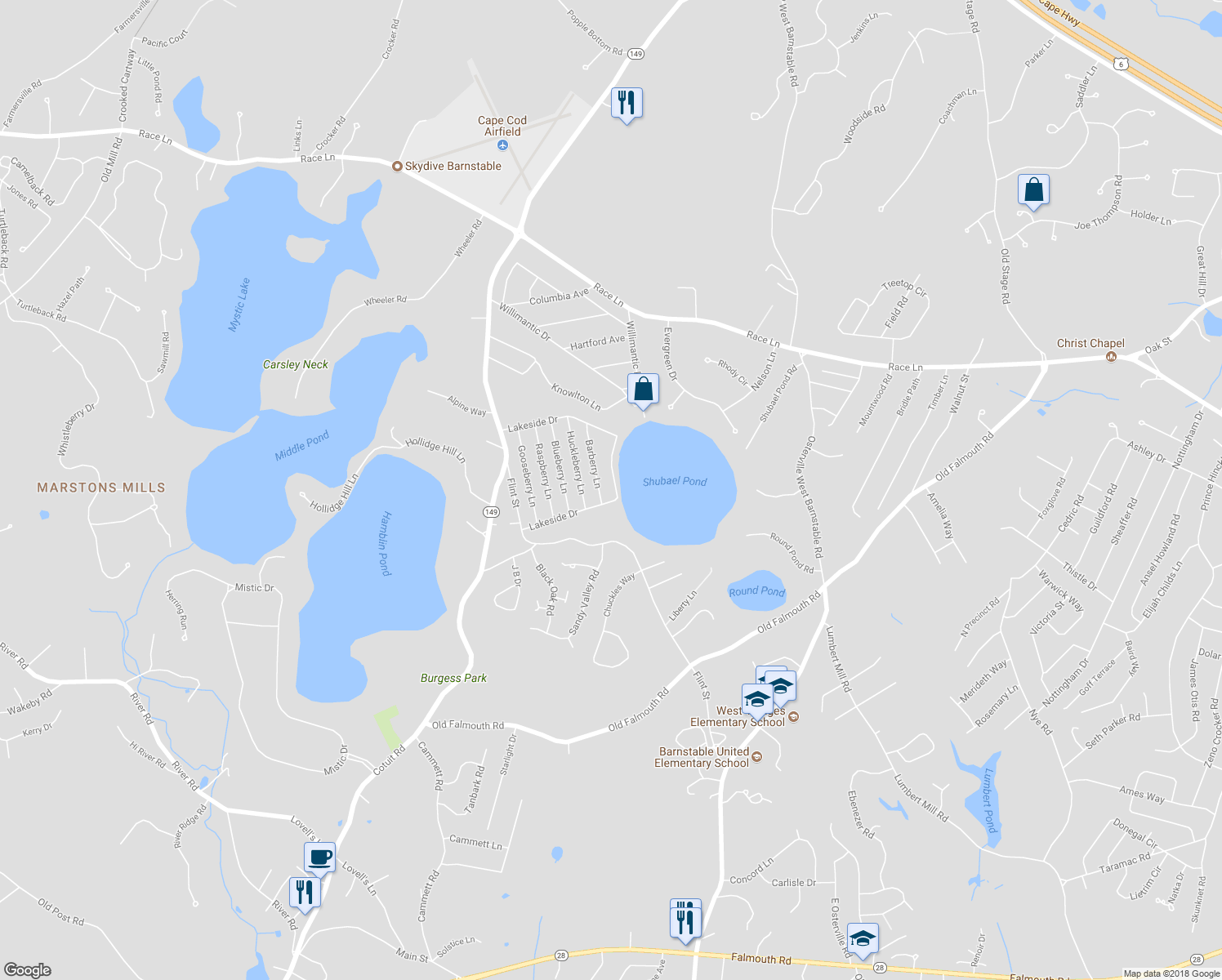 map of restaurants, bars, coffee shops, grocery stores, and more near 261 Lakeside Drive in Barnstable