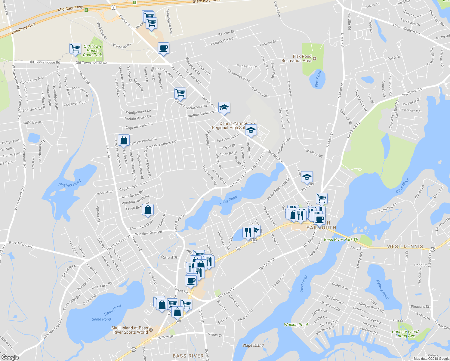 map of restaurants, bars, coffee shops, grocery stores, and more near 12 Lakefield Road in Yarmouth