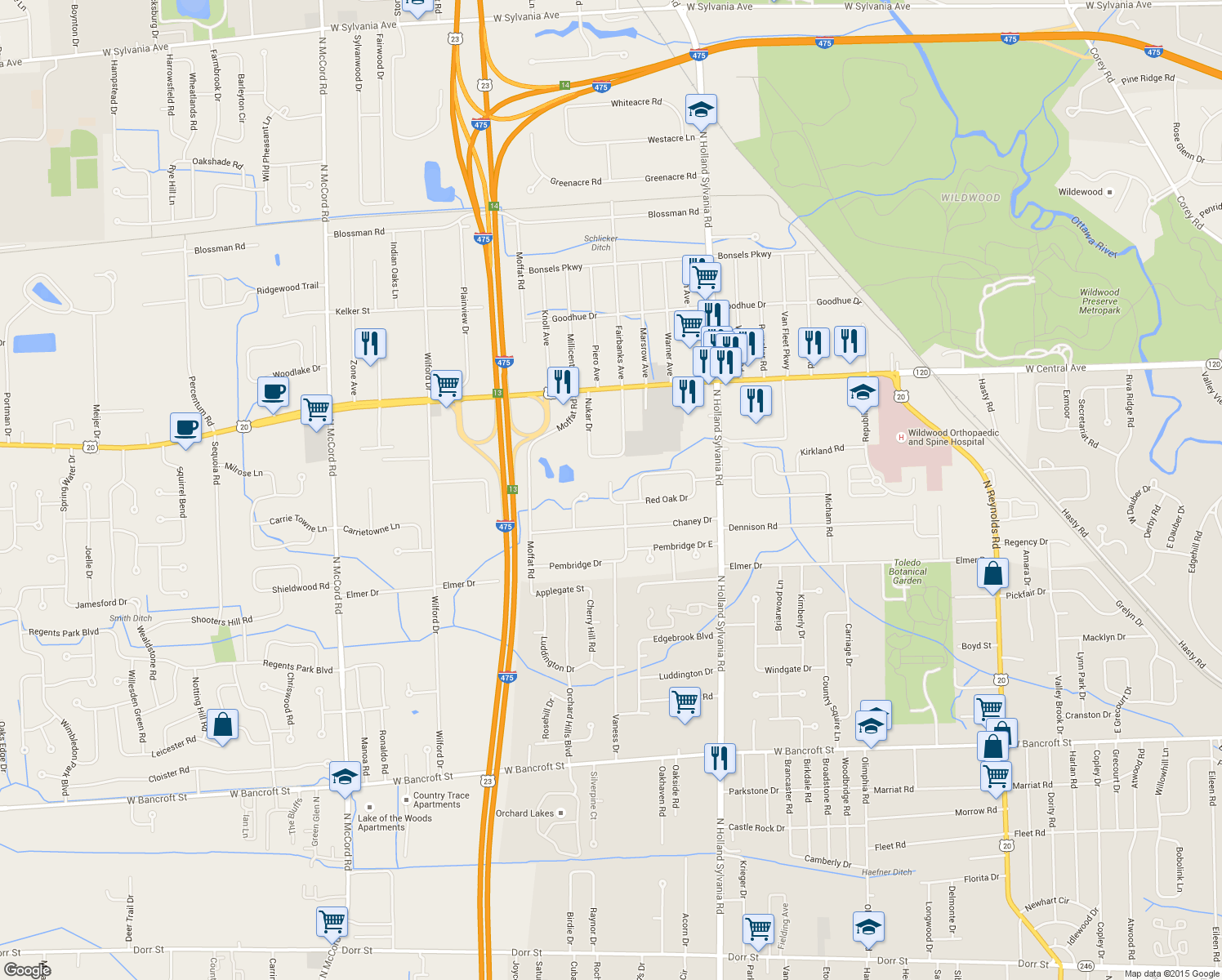 map of restaurants, bars, coffee shops, grocery stores, and more near 2763 Pin Oak Drive in Toledo