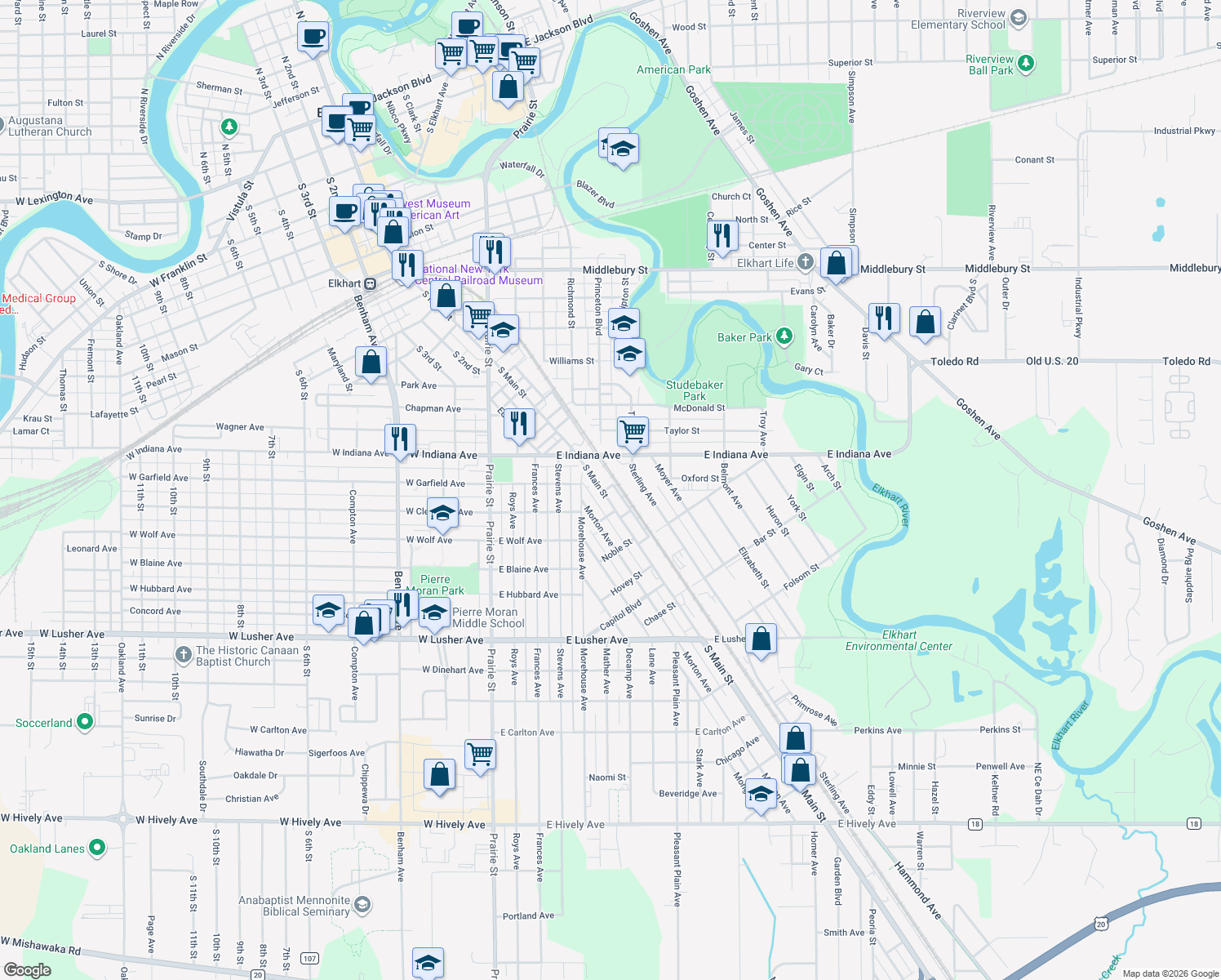 map of restaurants, bars, coffee shops, grocery stores, and more near 711 Rue St in Elkhart