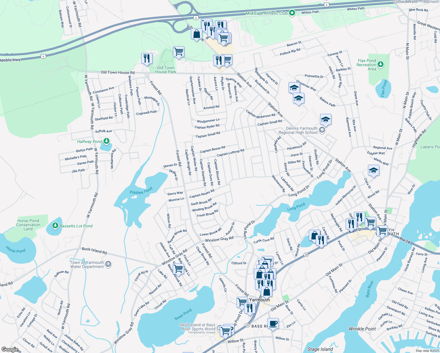 map of restaurants, bars, coffee shops, grocery stores, and more near 42 Captain Blount Road in Yarmouth