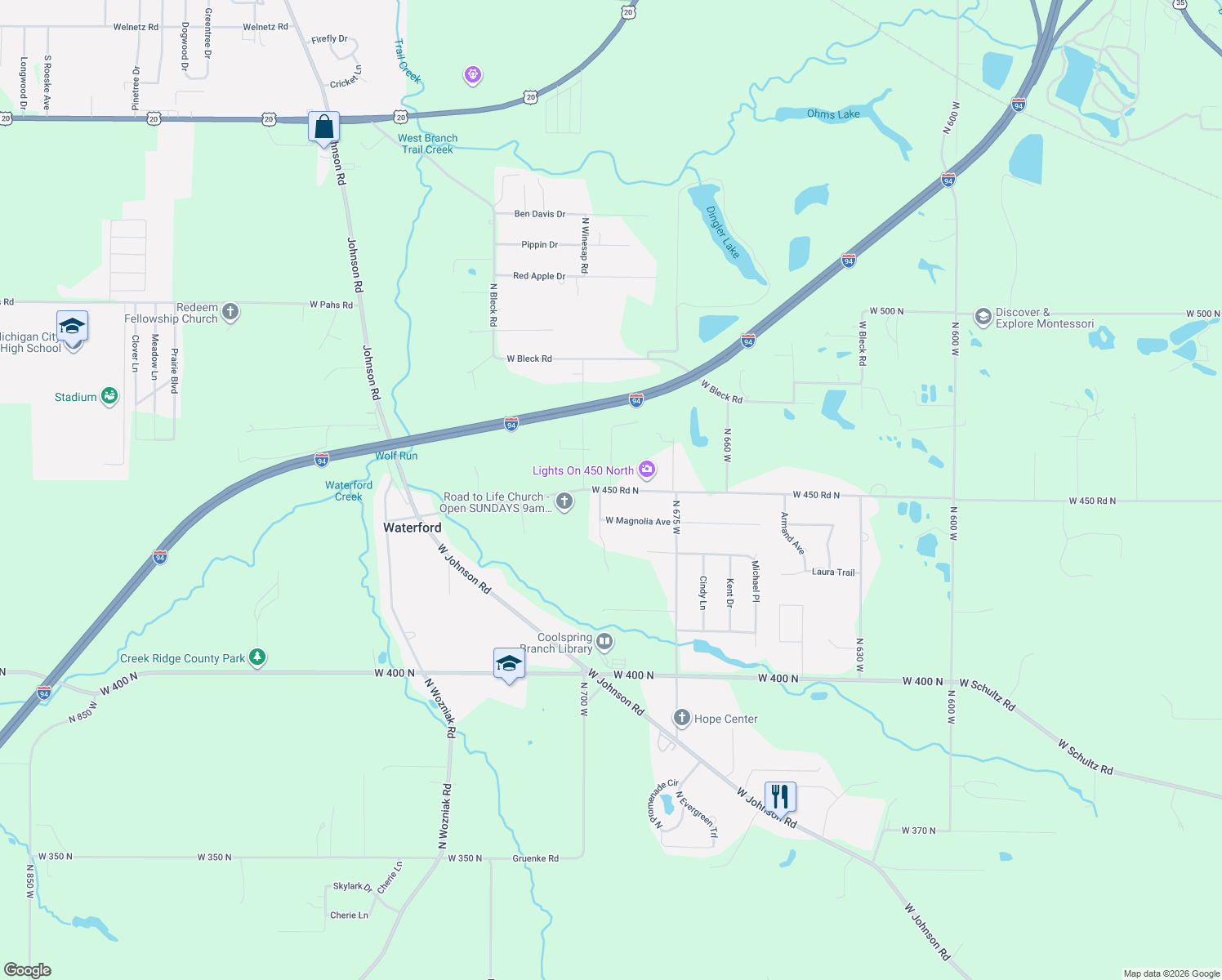 map of restaurants, bars, coffee shops, grocery stores, and more near 6899 W 450 N in Michigan City