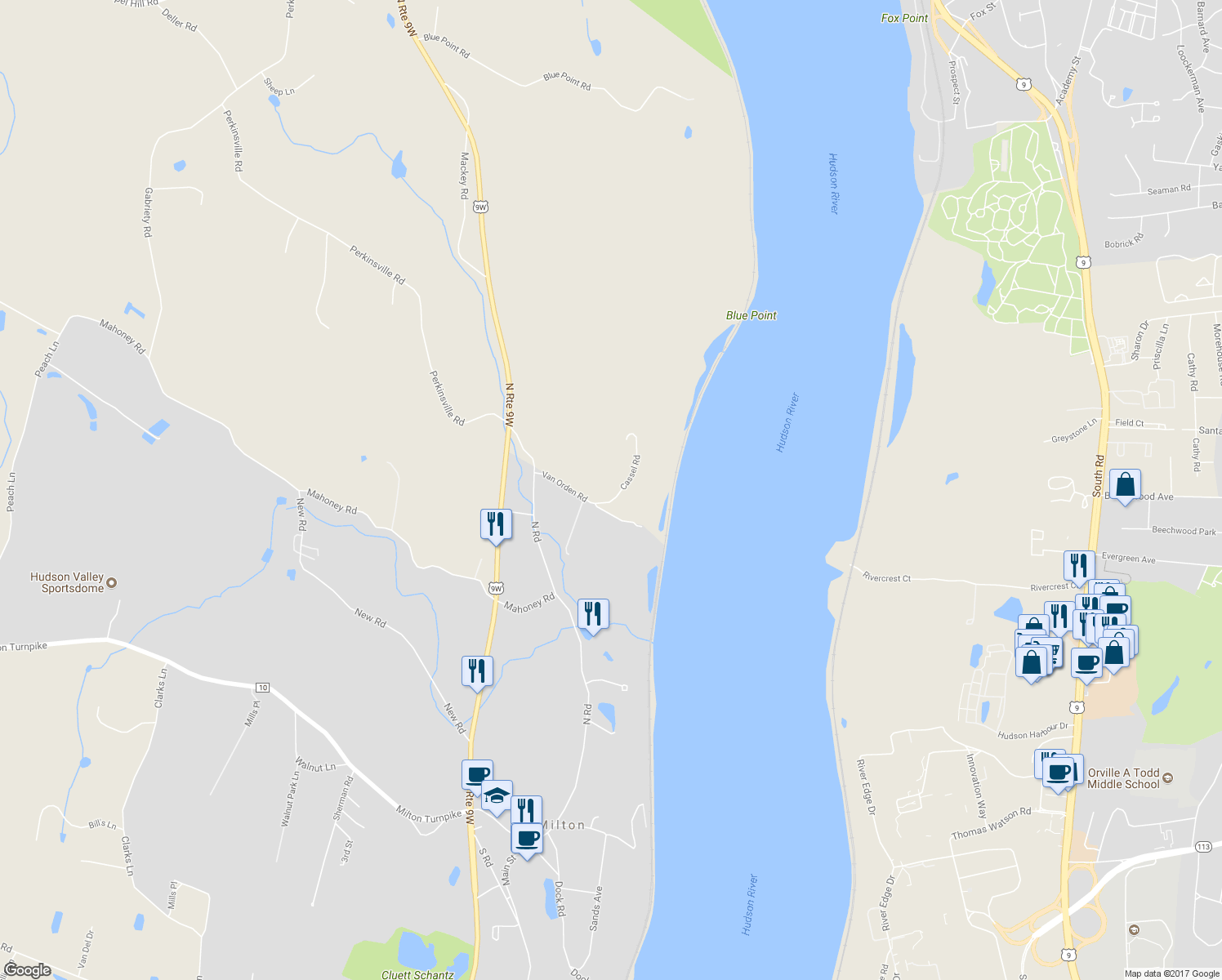 map of restaurants, bars, coffee shops, grocery stores, and more near 29 Van Orden Road in Milton