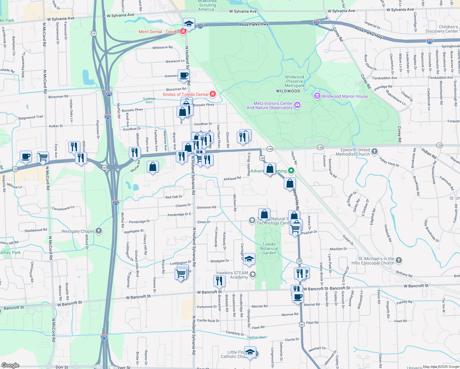 map of restaurants, bars, coffee shops, grocery stores, and more near 5656 Pheasant Hollow Drive in Toledo