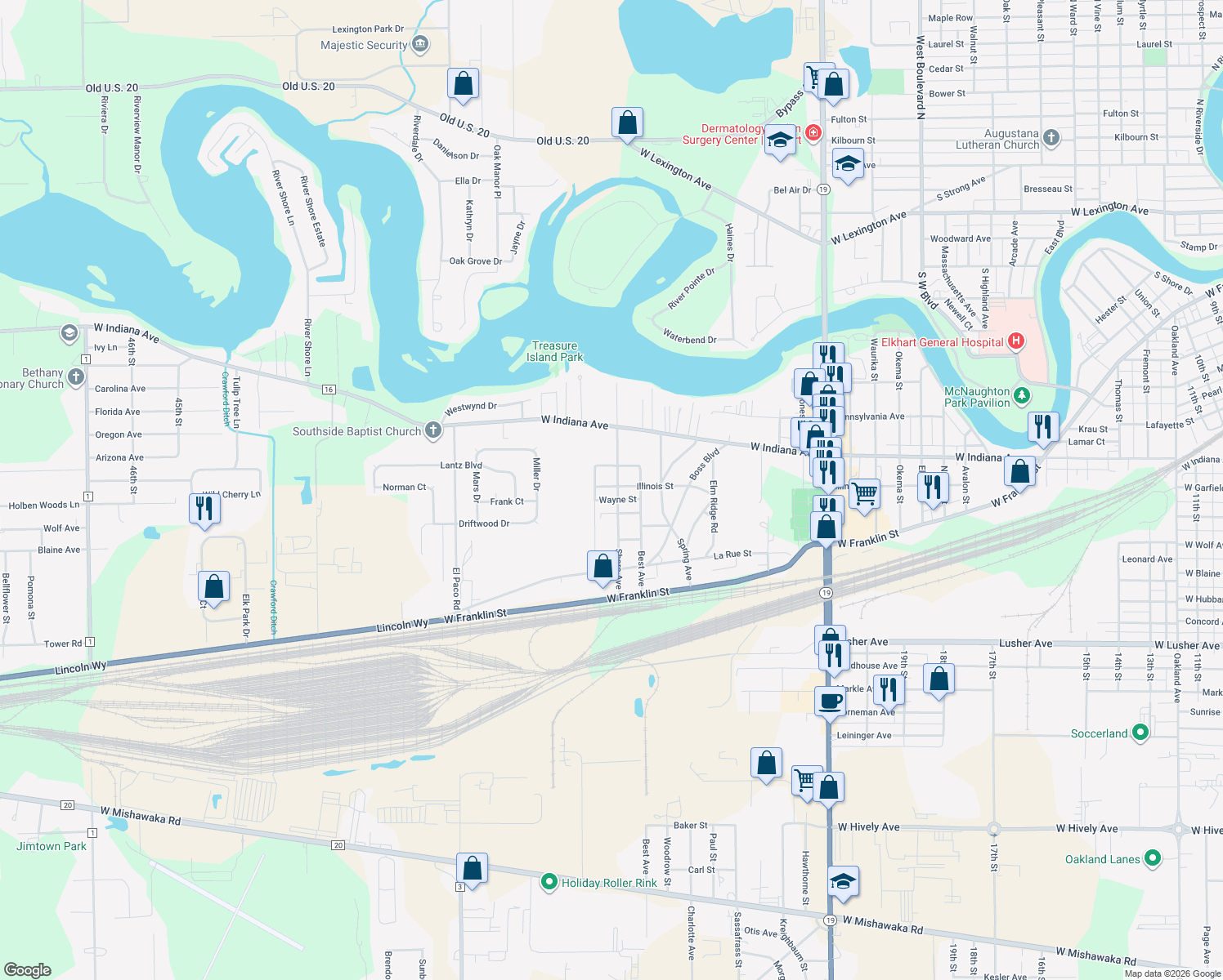 map of restaurants, bars, coffee shops, grocery stores, and more near 56561 Shore Ave in Elkhart