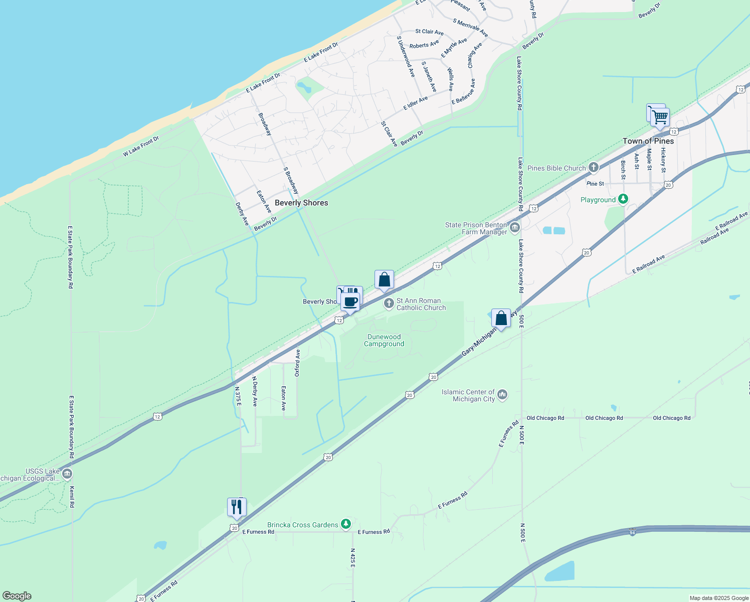 map of restaurants, bars, coffee shops, grocery stores, and more near 4950 East U.S. 12 in Chesterton