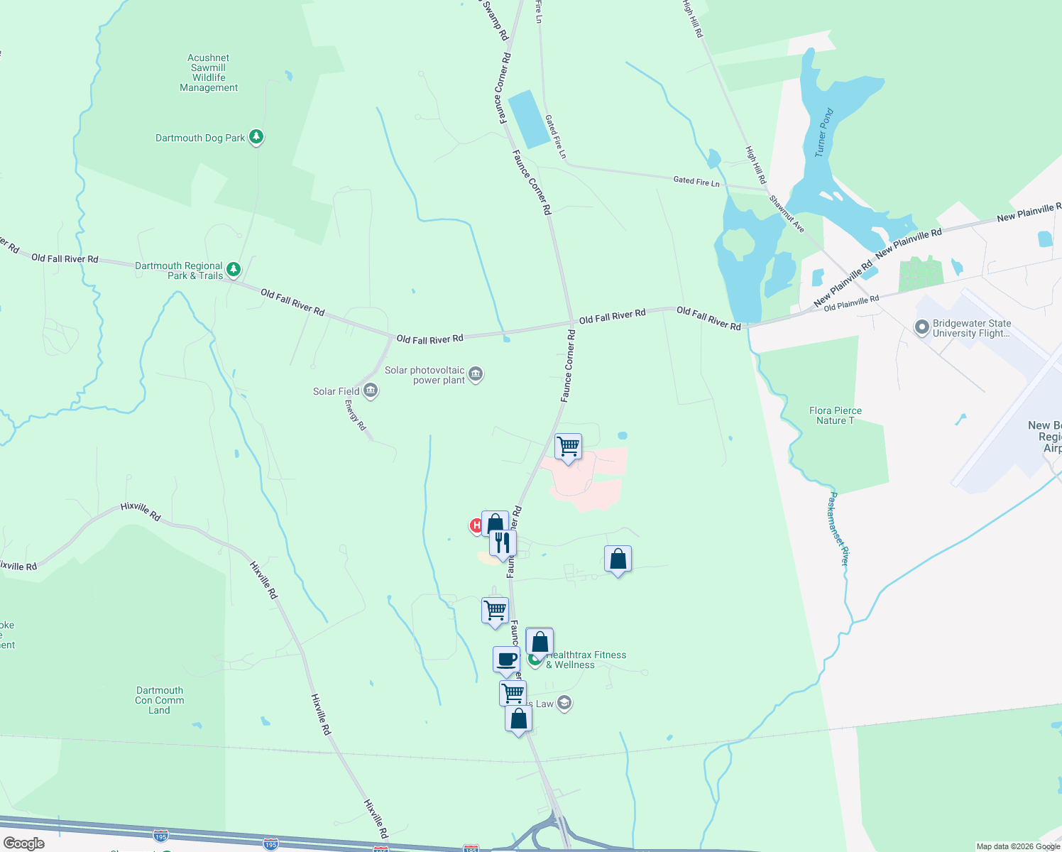 map of restaurants, bars, coffee shops, grocery stores, and more near 576 Faunce Corner Road in Dartmouth