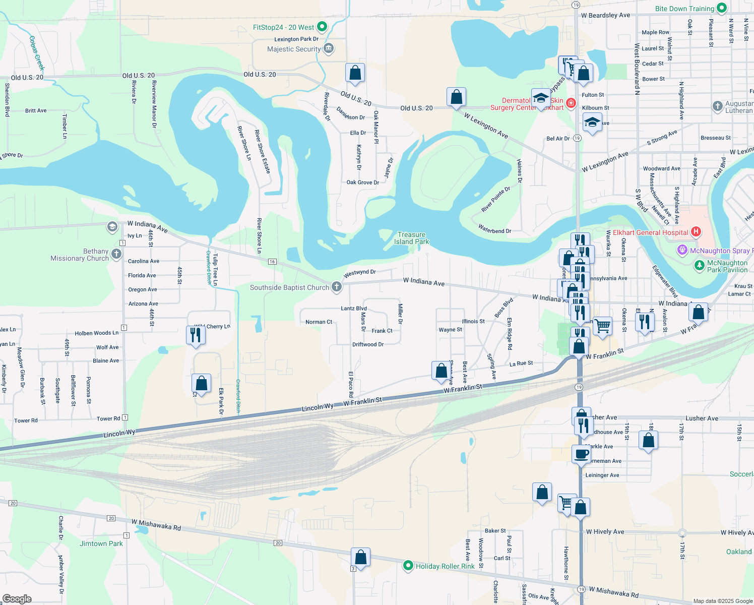 map of restaurants, bars, coffee shops, grocery stores, and more near 28912 Miller Dr in Elkhart