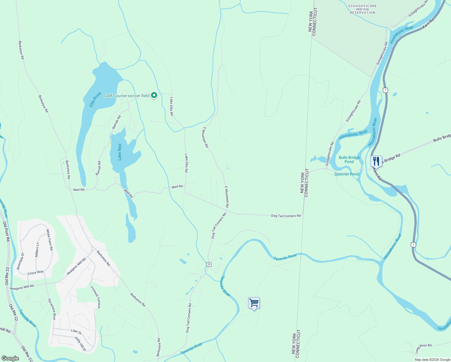 map of restaurants, bars, coffee shops, grocery stores, and more near 39 East Mountain Road in Wingdale