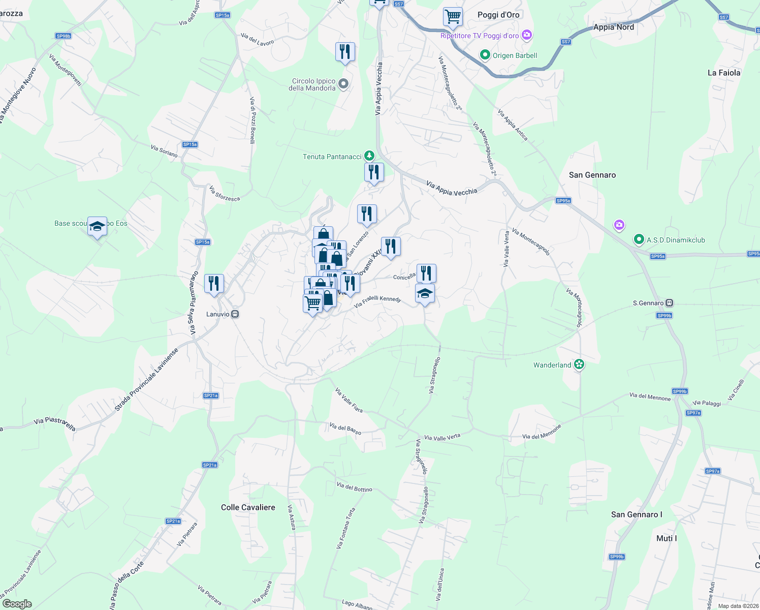 map of restaurants, bars, coffee shops, grocery stores, and more near 37 Via Valle Fiara in Lanuvio