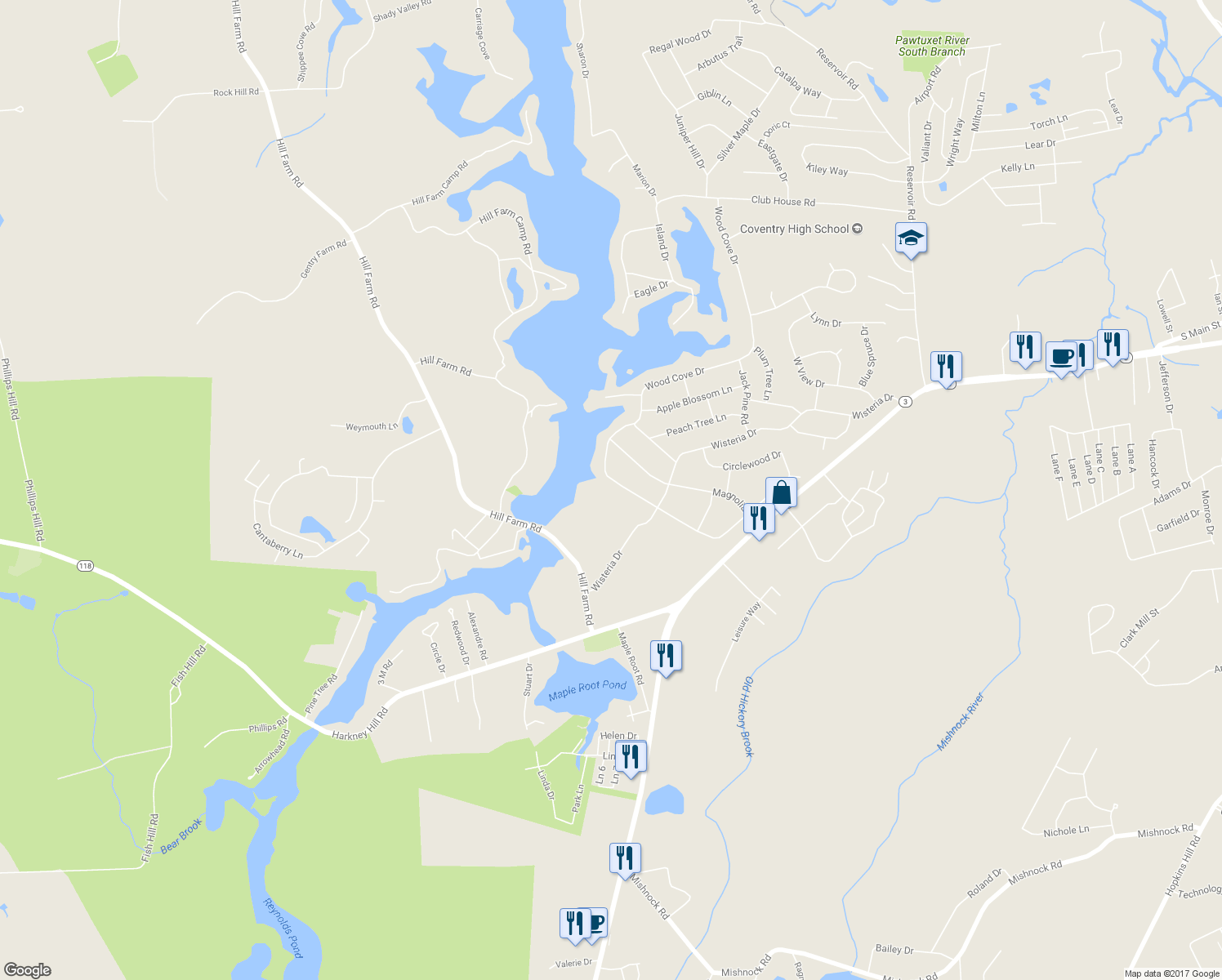 map of restaurants, bars, coffee shops, grocery stores, and more near 46 Wood Cove Drive in Coventry