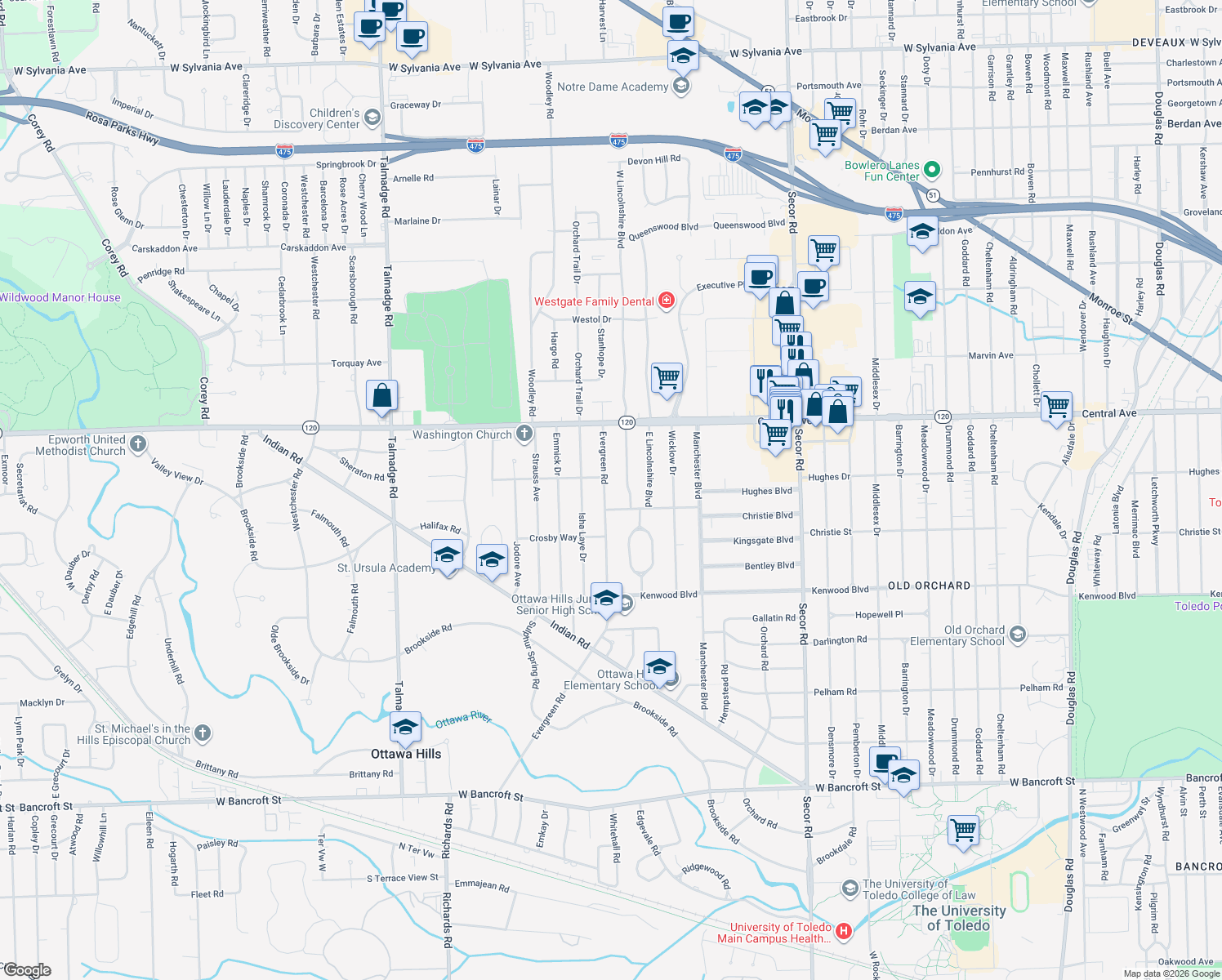 map of restaurants, bars, coffee shops, grocery stores, and more near 2910 Evergreen Road in Toledo