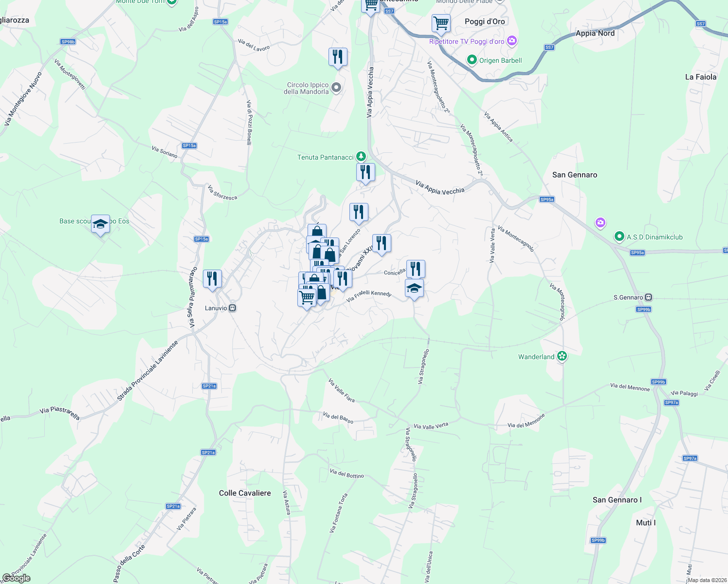 map of restaurants, bars, coffee shops, grocery stores, and more near 37 Via Valle Fiara in Lanuvio