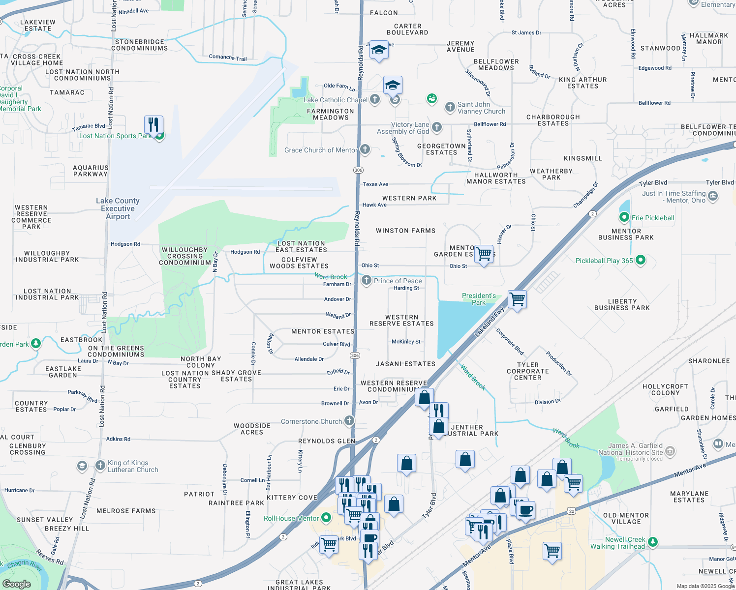 map of restaurants, bars, coffee shops, grocery stores, and more near 7205 Reynolds Road in Mentor