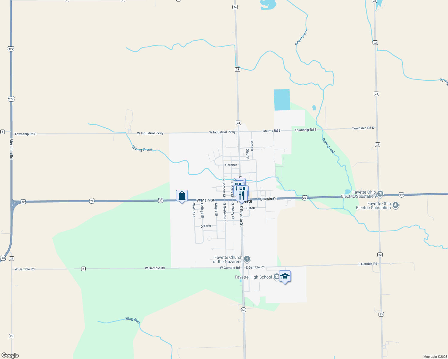 map of restaurants, bars, coffee shops, grocery stores, and more near 414 North Gorham Street in Fayette
