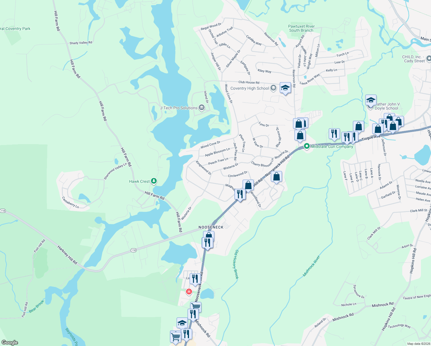 map of restaurants, bars, coffee shops, grocery stores, and more near 60 Wisteria Drive in Coventry