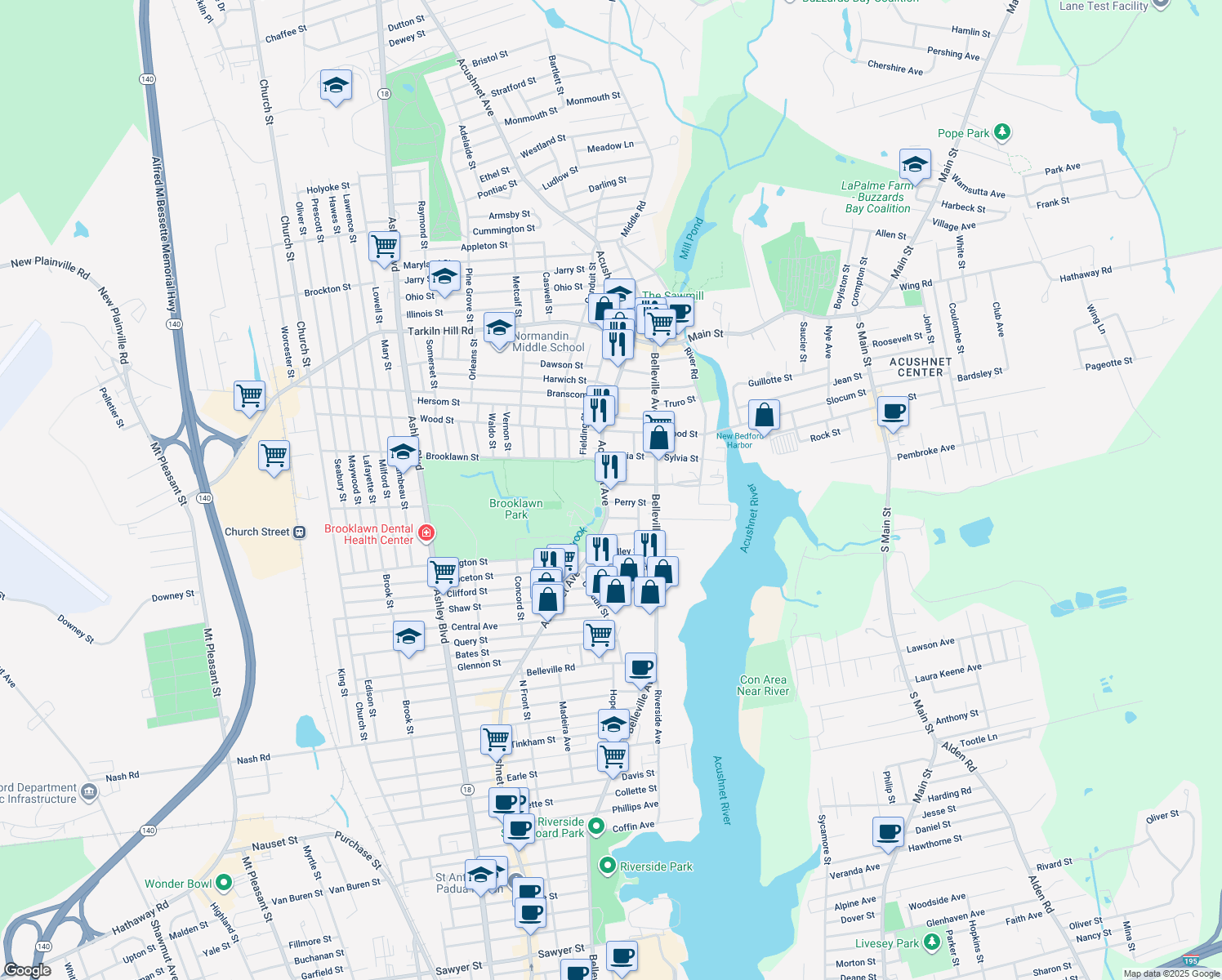 map of restaurants, bars, coffee shops, grocery stores, and more near 2008 Acushnet Avenue in New Bedford